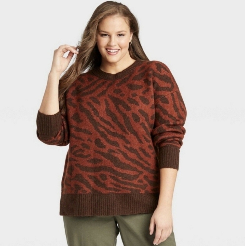 NWT Ava & Viv Women's Plus Size Crewneck Pullover Sweater Brown Animal Print 3X